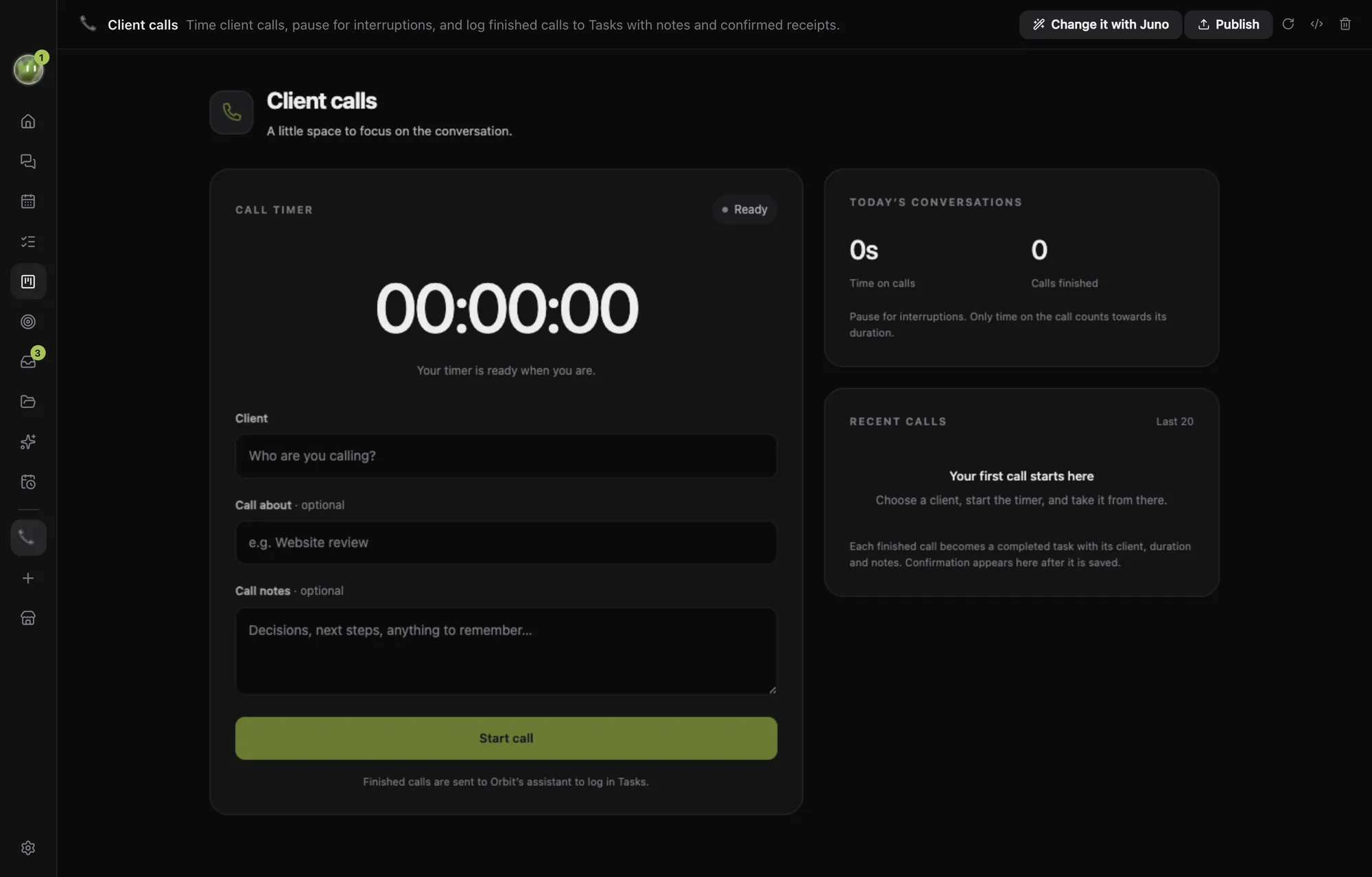 A Client calls block with a timer, client field and recent calls