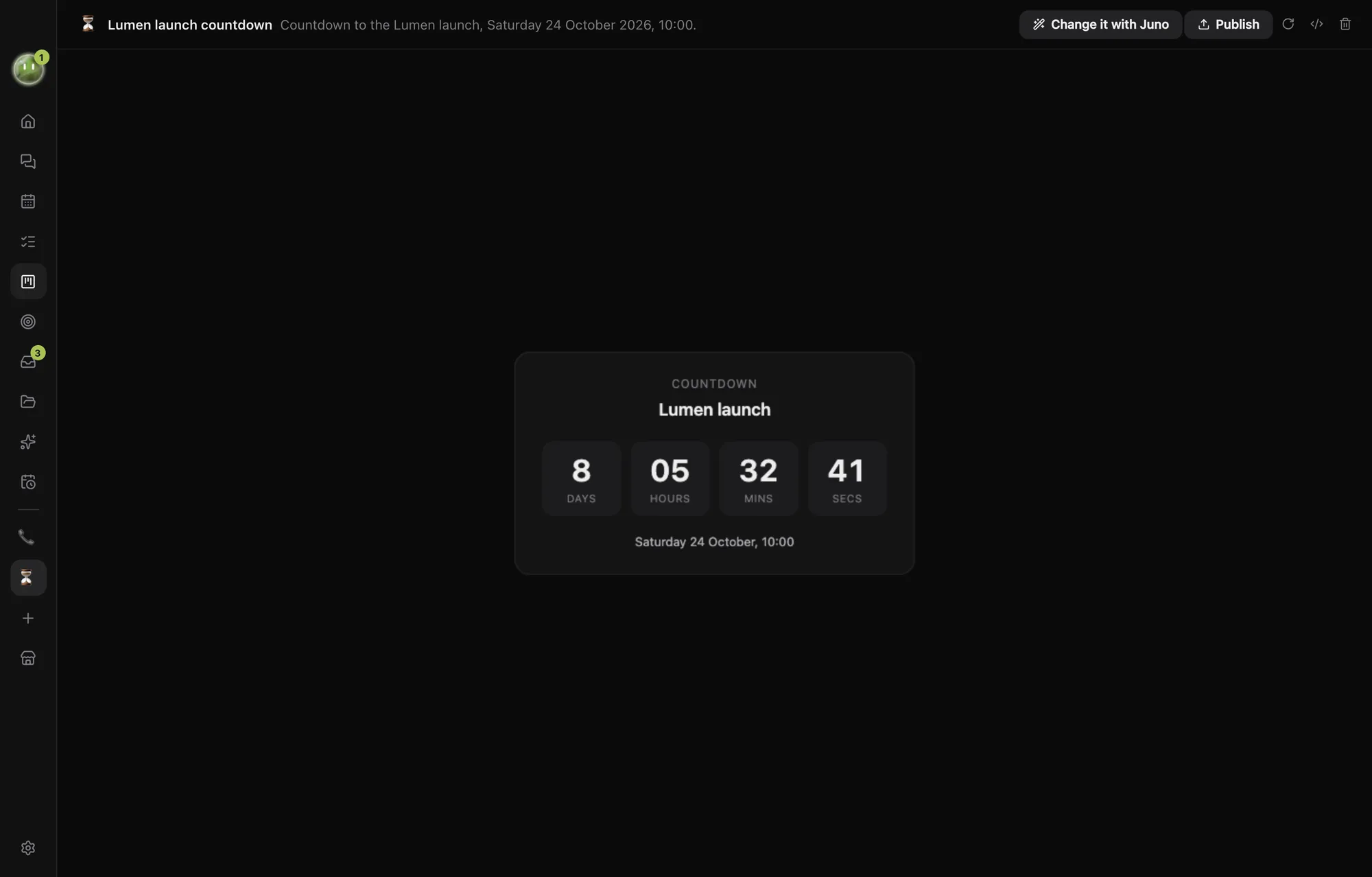 A launch countdown block with Change it and Publish buttons
