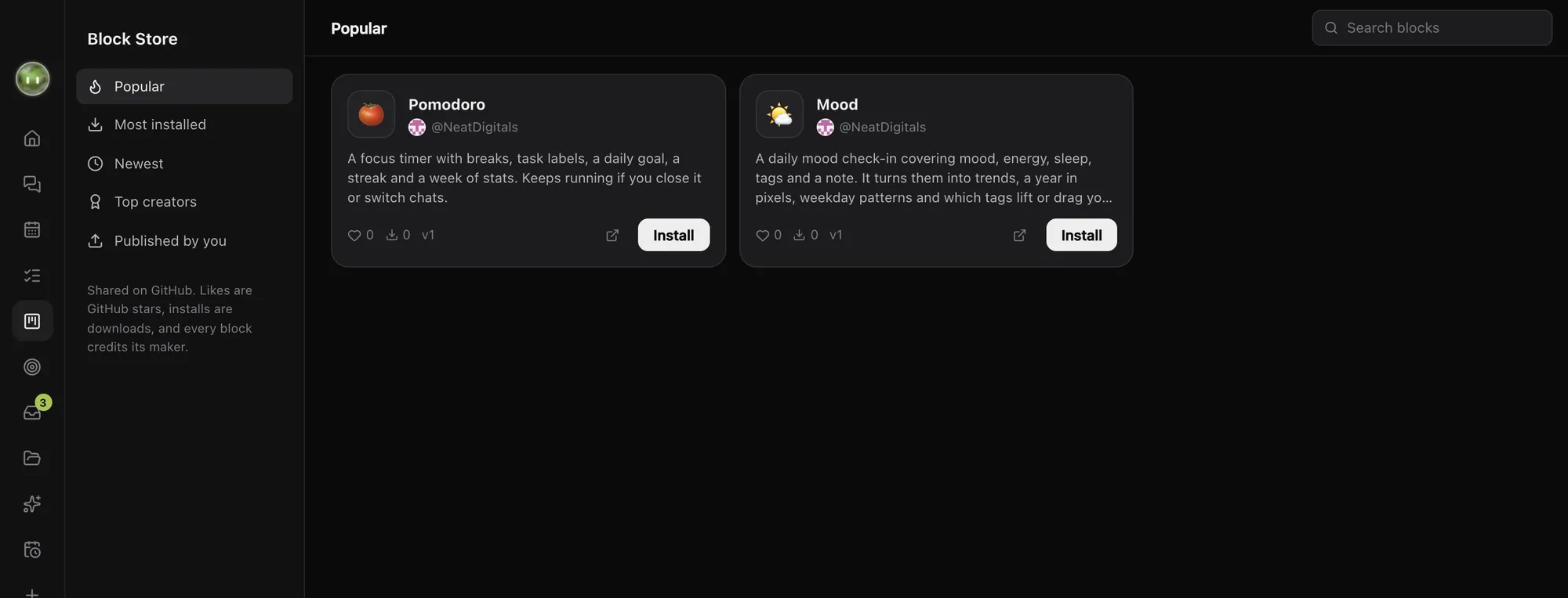 The Block Store with Pomodoro and Mood blocks