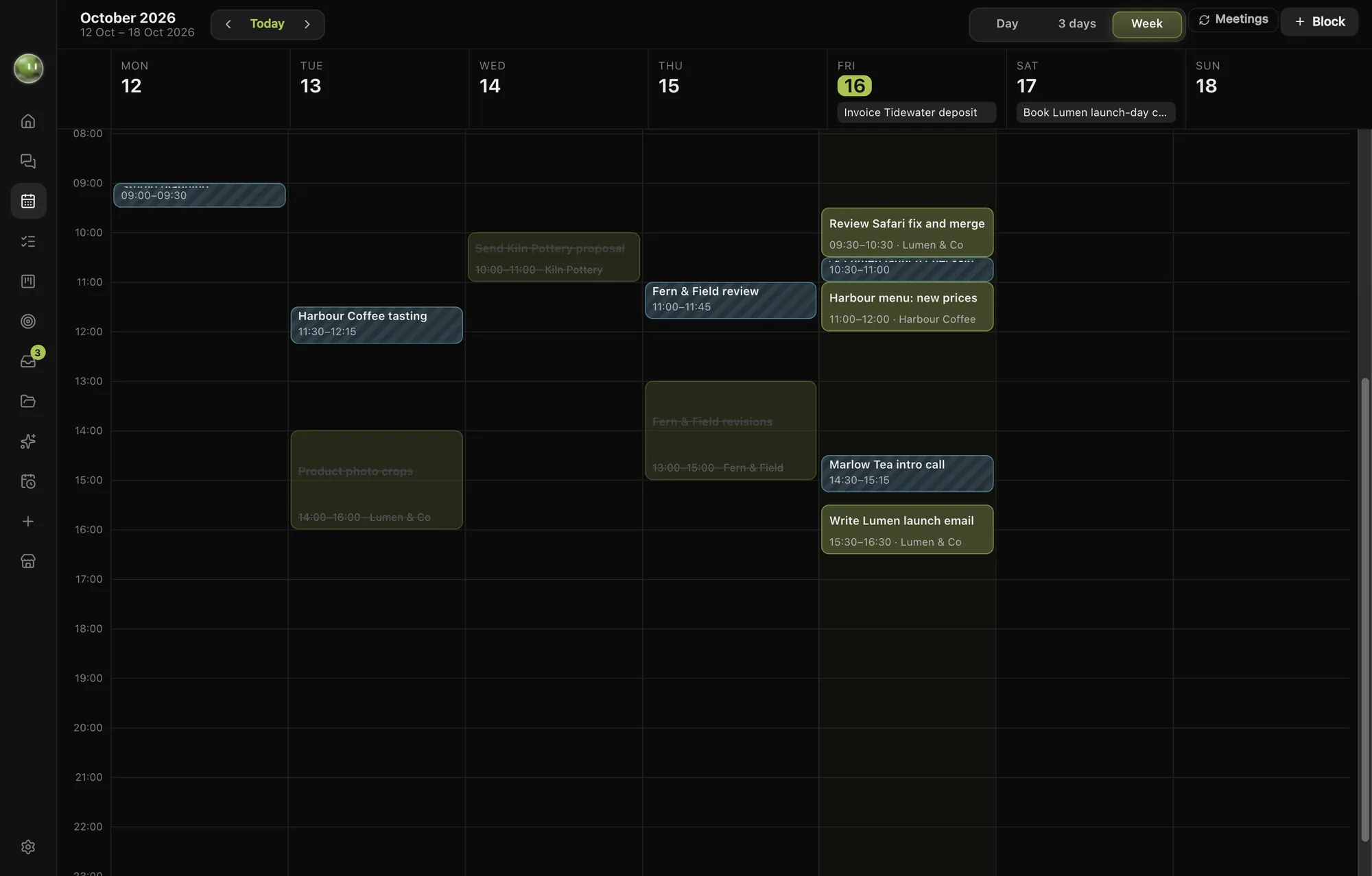 The Planner's week view with meetings and time blocks