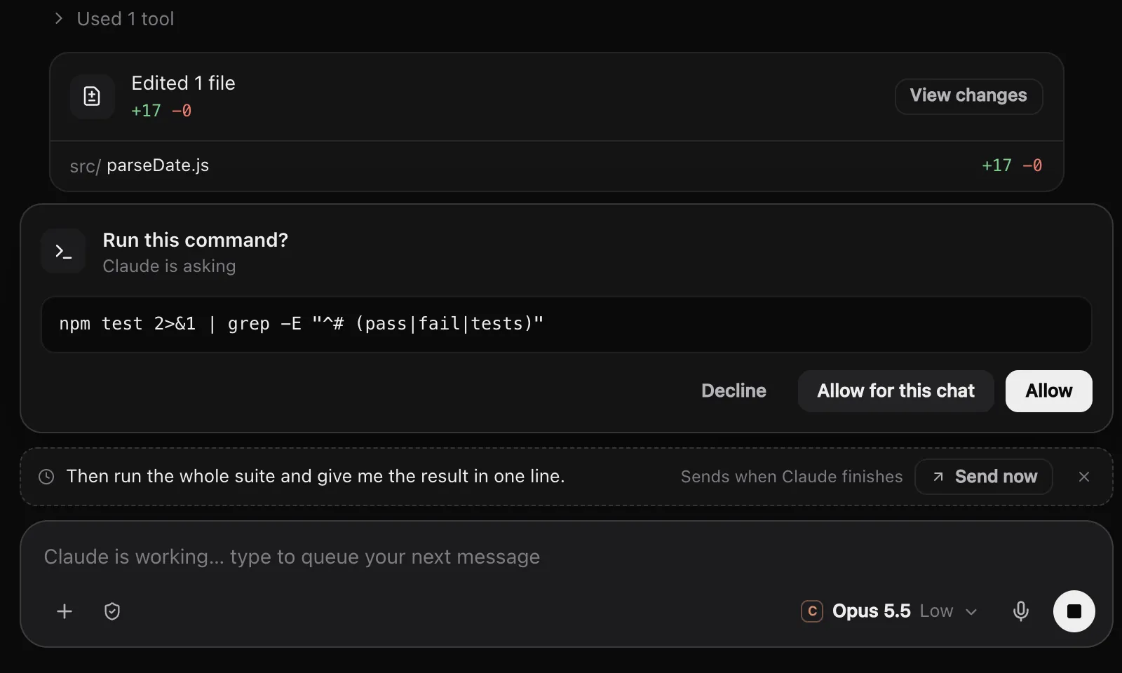 A command approval card and a queued message waiting to send