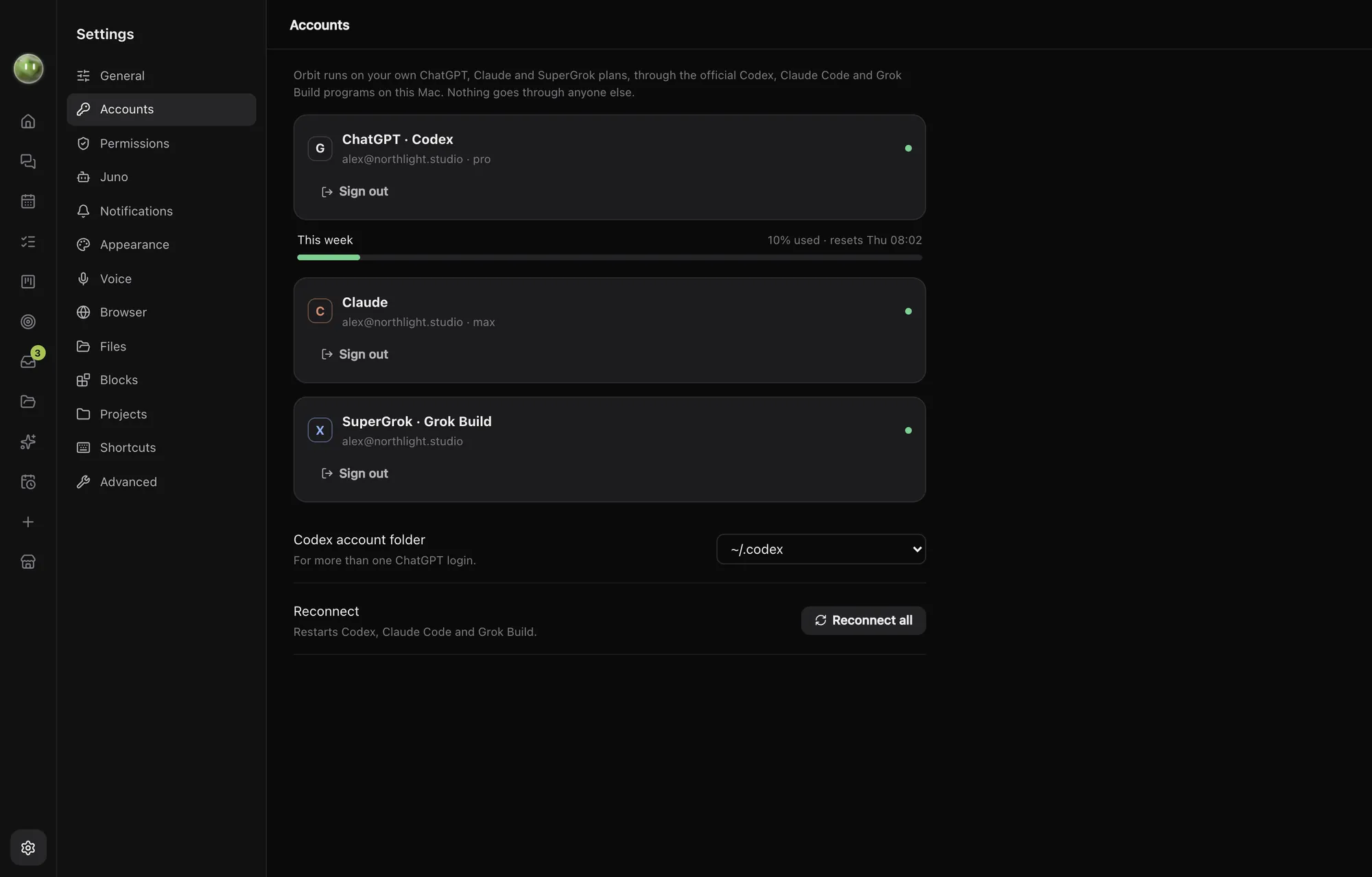 Settings, Accounts: ChatGPT, Claude and SuperGrok connected, with this week's usage