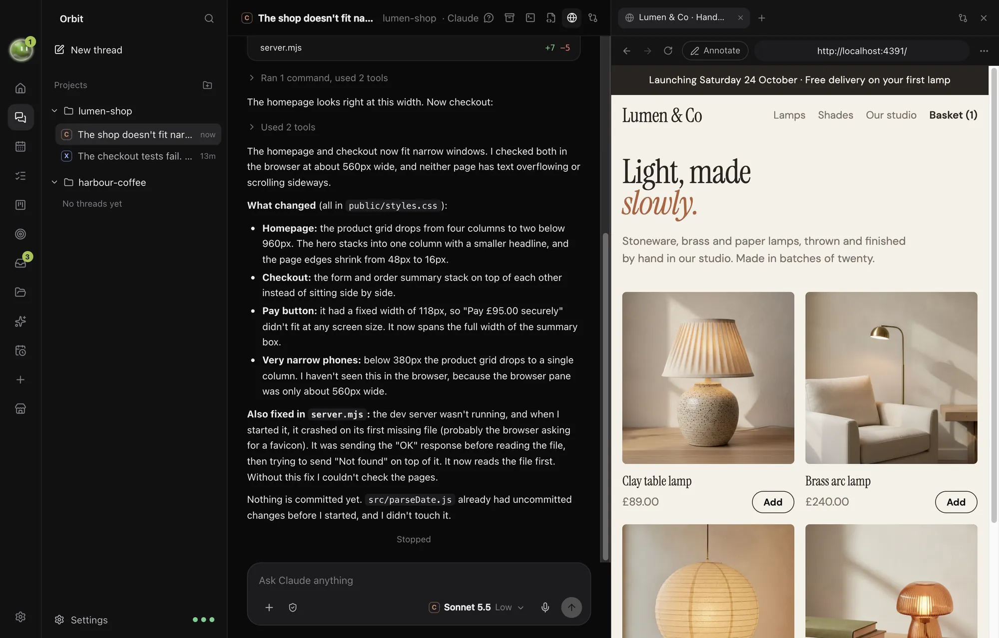 The shop homepage in a narrow browser pane after the fix, with the products in two columns